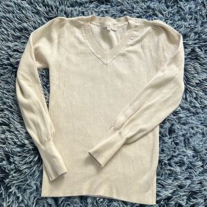 Heathered Ribbed Puff Sleeve V-Neck Sweater